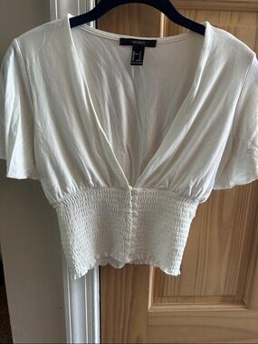 Forever 21 Cream Smocked Waist V-Neck Crop Top